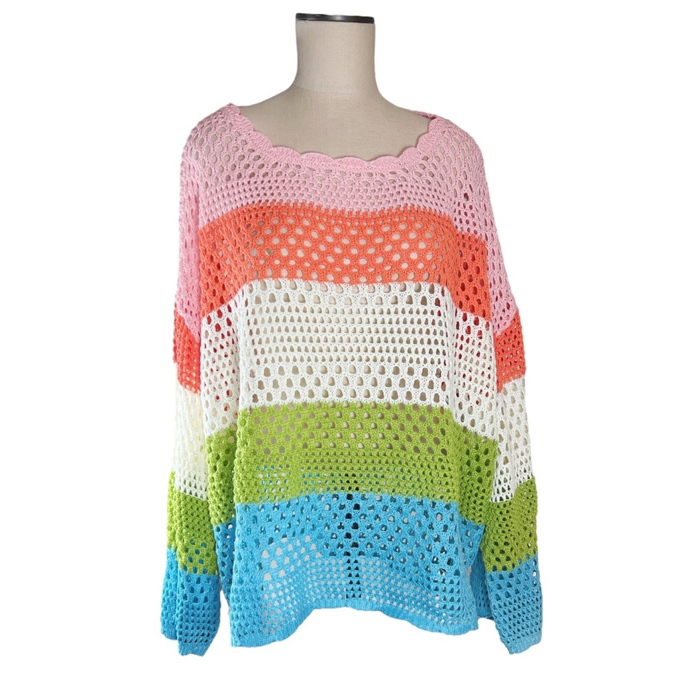 Multicolor Striped Open Weave Crochet Women's Sweater / Beach Cover Up Festival
